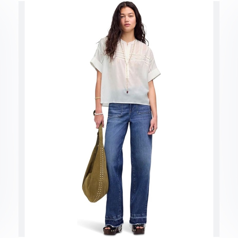 Madewell Women's White Lace-Inset Pintucked Henley Top Size XL NWT - Picture 12 of 12